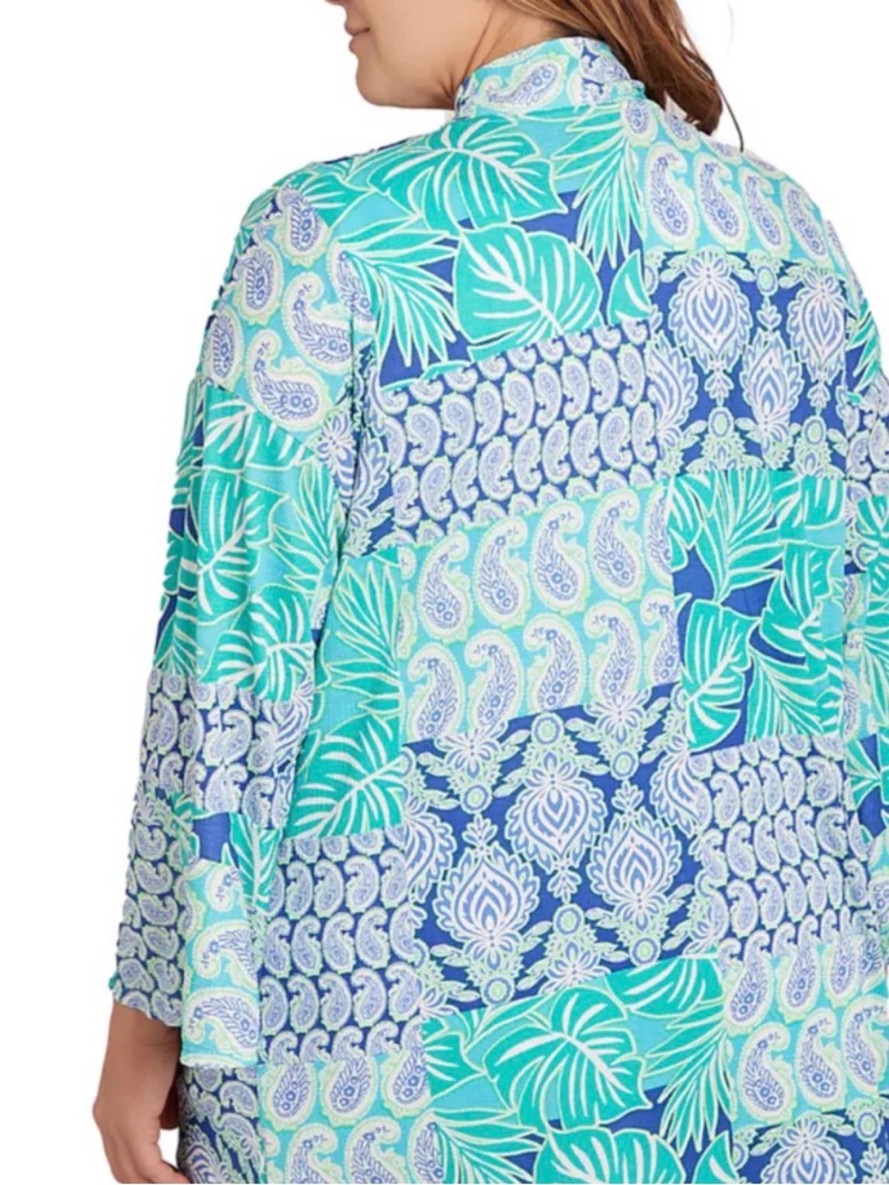 Ruby Rd Bali Patchwork Knit Cardigan Top Blue Green Sea Colors Size 3X NWT - Picture 2 of 10